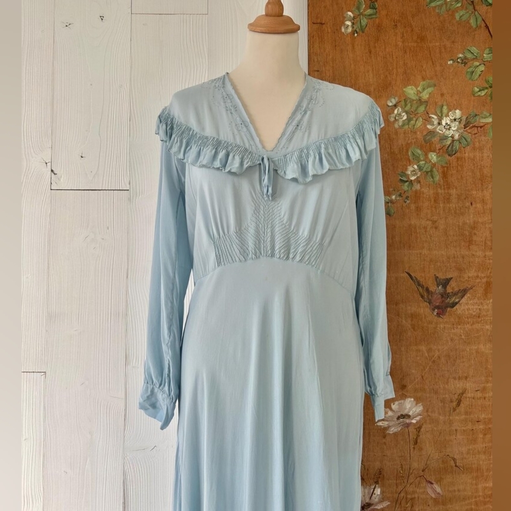 1930s Silk Blue Embroidered Floral Slip Dress Nightgown With Ruffles Vintage